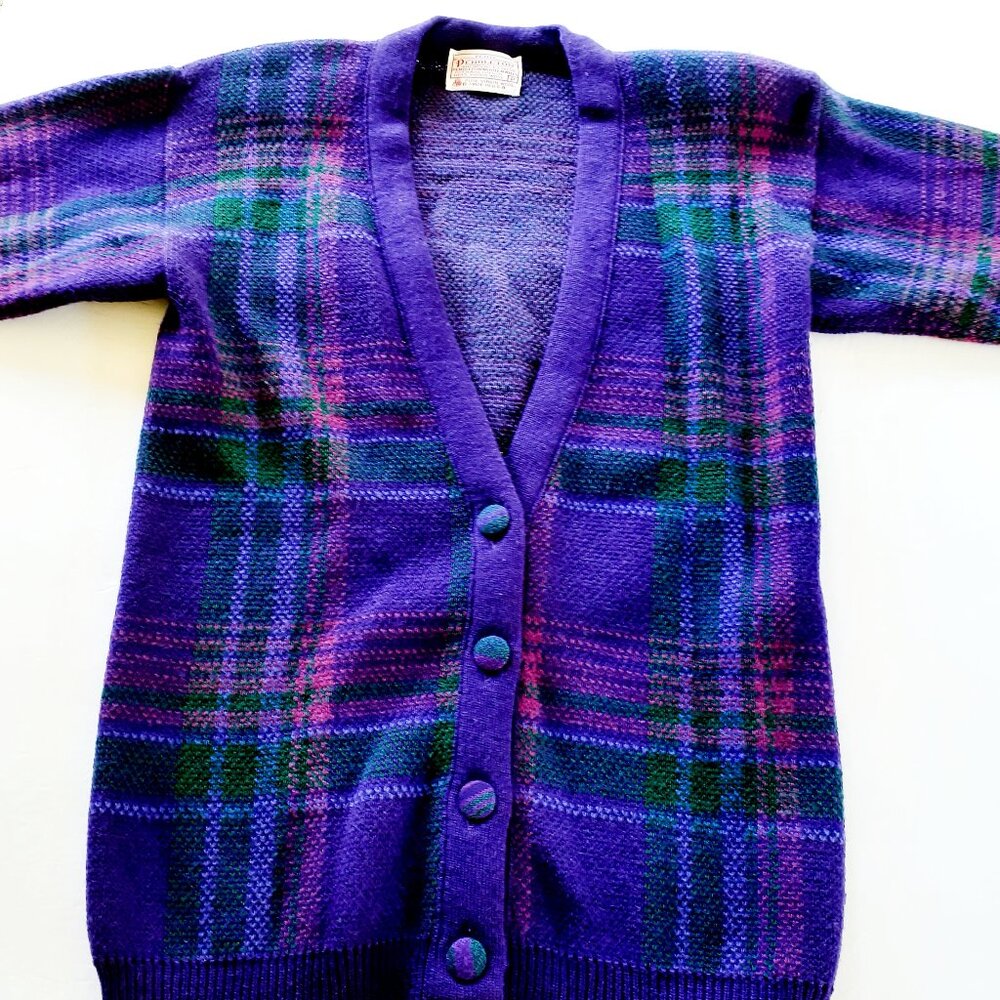 Vintage Pendleton Womens Cardigan Wool Purple Plaid Petite Small USA